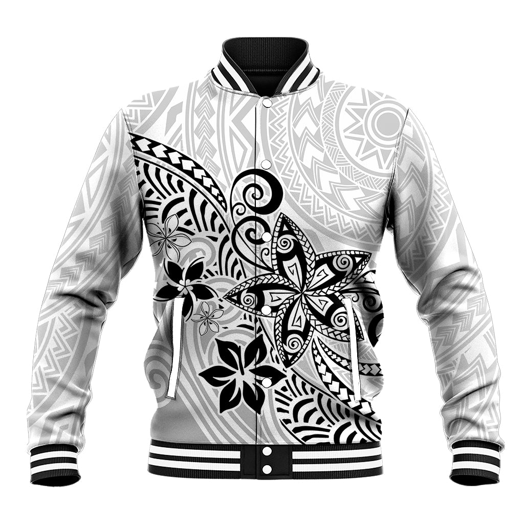 Polynesia Baseball Jacket Plumeria White Curves LT7 Unisex White - Polynesian Pride
