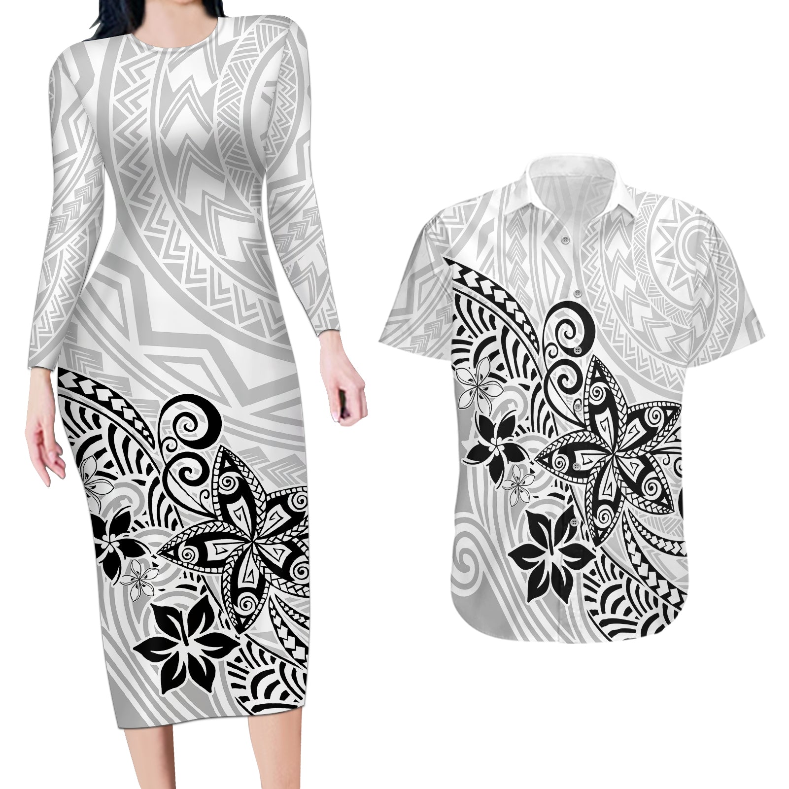 Polynesia Couples Matching Long Sleeve Bodycon Dress and Hawaiian Shirt Plumeria White Curves LT7 White - Polynesian Pride