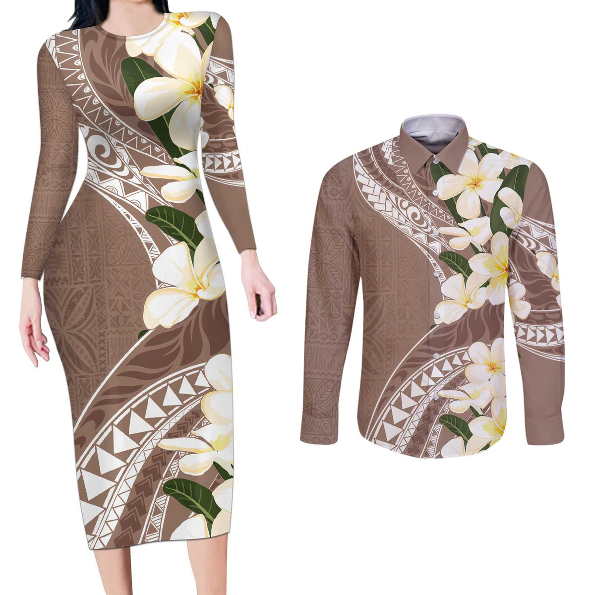 Aloha Hawaii Festive Couples Matching Long Sleeve Bodycon Dress and Long Sleeve Button Shirt Frangipani Lace Classic - Beige
