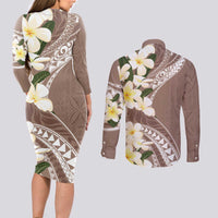 Aloha Hawaii Festive Couples Matching Long Sleeve Bodycon Dress and Long Sleeve Button Shirt Frangipani Lace Classic - Beige