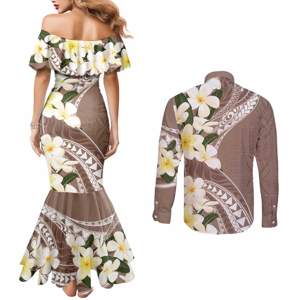 Aloha Hawaii Festive Couples Matching Mermaid Dress and Long Sleeve Button Shirt Frangipani Lace Classic - Beige