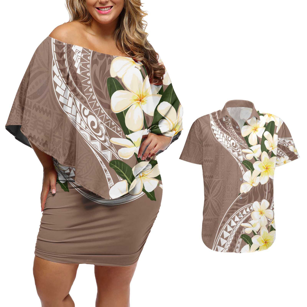 Aloha Hawaii Festive Couples Matching Off Shoulder Short Dress and Hawaiian Shirt Frangipani Lace Classic - Beige