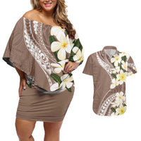 Aloha Hawaii Festive Couples Matching Off Shoulder Short Dress and Hawaiian Shirt Frangipani Lace Classic - Beige