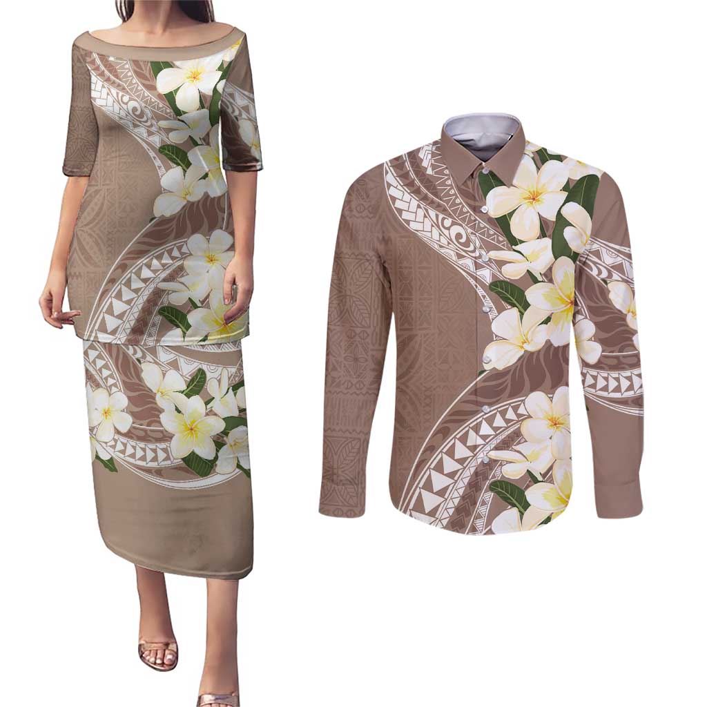 Aloha Hawaii Festive Couples Matching Puletasi and Long Sleeve Button Shirt Frangipani Lace Classic - Beige