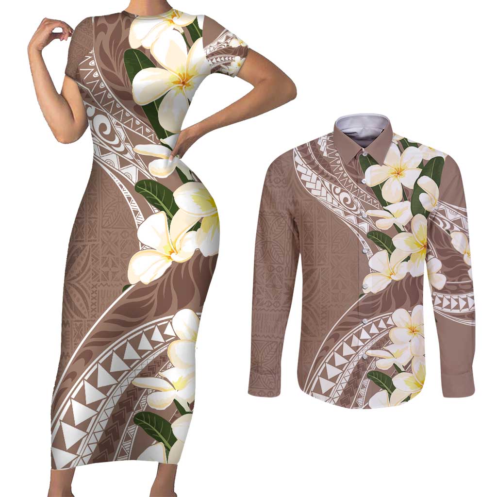 Aloha Hawaii Festive Couples Matching Short Sleeve Bodycon Dress and Long Sleeve Button Shirt Frangipani Lace Classic - Beige