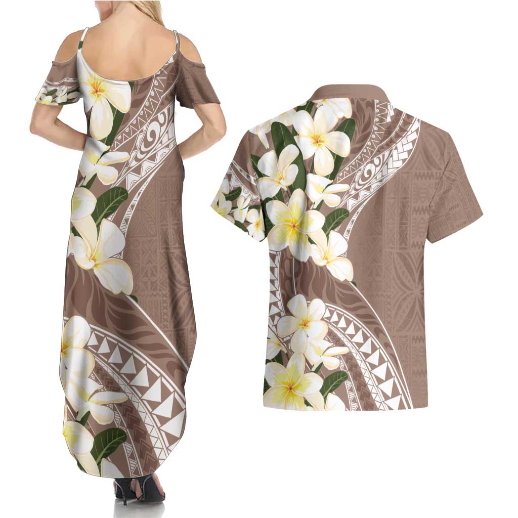 Aloha Hawaii Festive Couples Matching Summer Maxi Dress and Hawaiian Shirt Frangipani Lace Classic - Beige