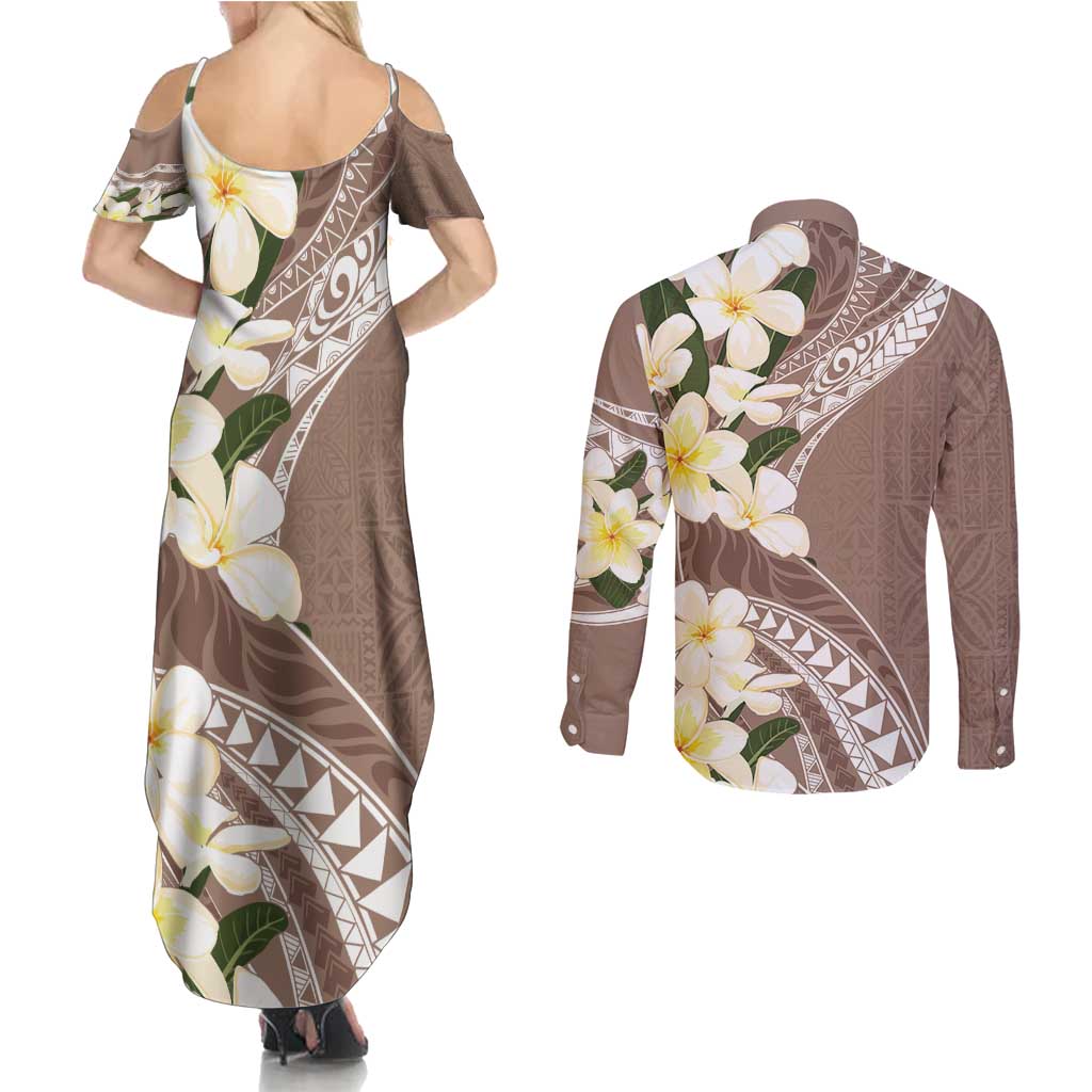 Aloha Hawaii Festive Couples Matching Summer Maxi Dress and Long Sleeve Button Shirt Frangipani Lace Classic - Beige