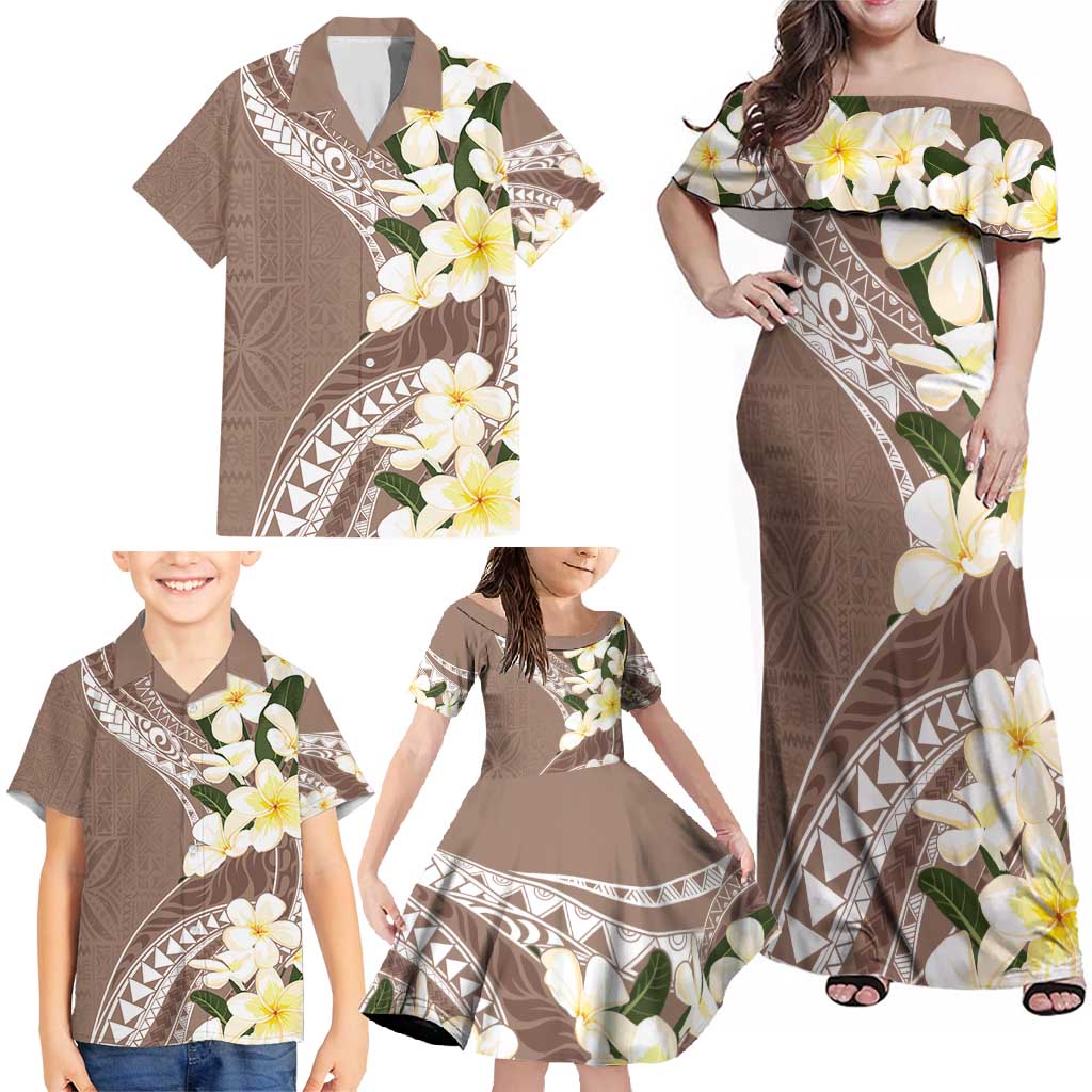 Aloha Hawaii Festive Family Matching Off Shoulder Maxi Dress and Hawaiian Shirt Frangipani Lace Classic - Beige LT7 - Polynesian Pride