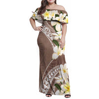 Aloha Hawaii Festive Family Matching Off Shoulder Maxi Dress and Hawaiian Shirt Frangipani Lace Classic - Beige LT7 Mom's Dress Beige - Polynesian Pride
