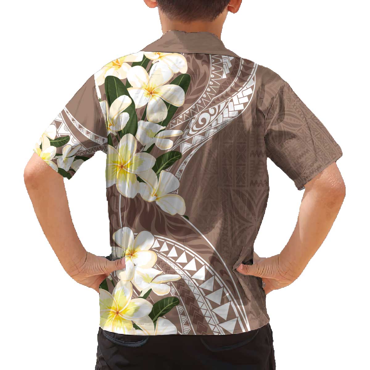 Aloha Hawaii Festive Family Matching Off Shoulder Short Dress and Hawaiian Shirt Frangipani Lace Classic - Beige