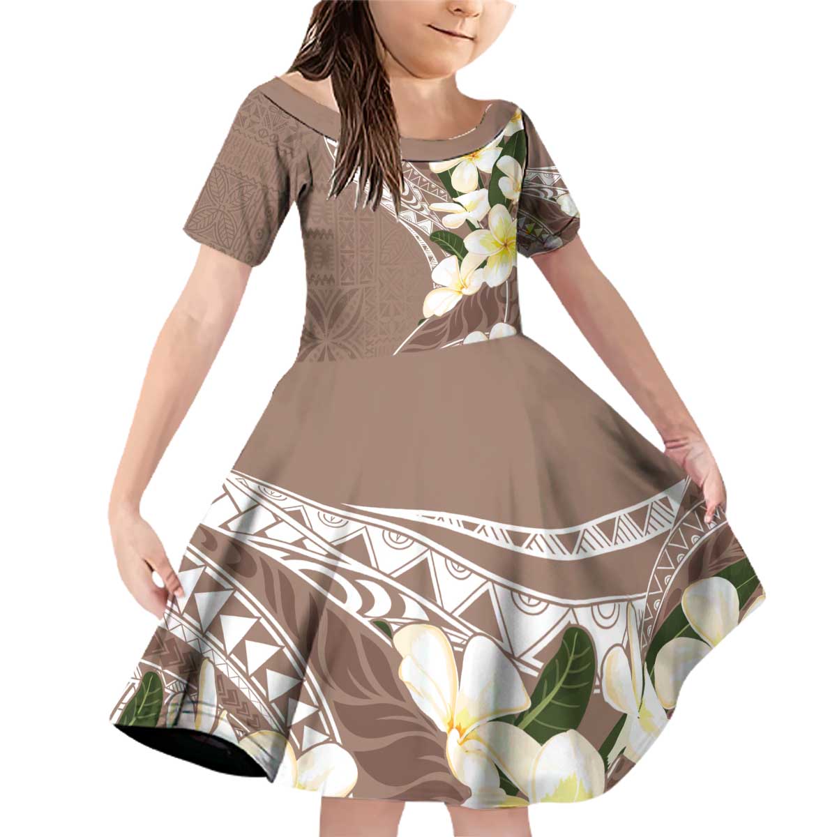 Aloha Hawaii Festive Family Matching Off Shoulder Short Dress and Hawaiian Shirt Frangipani Lace Classic - Beige