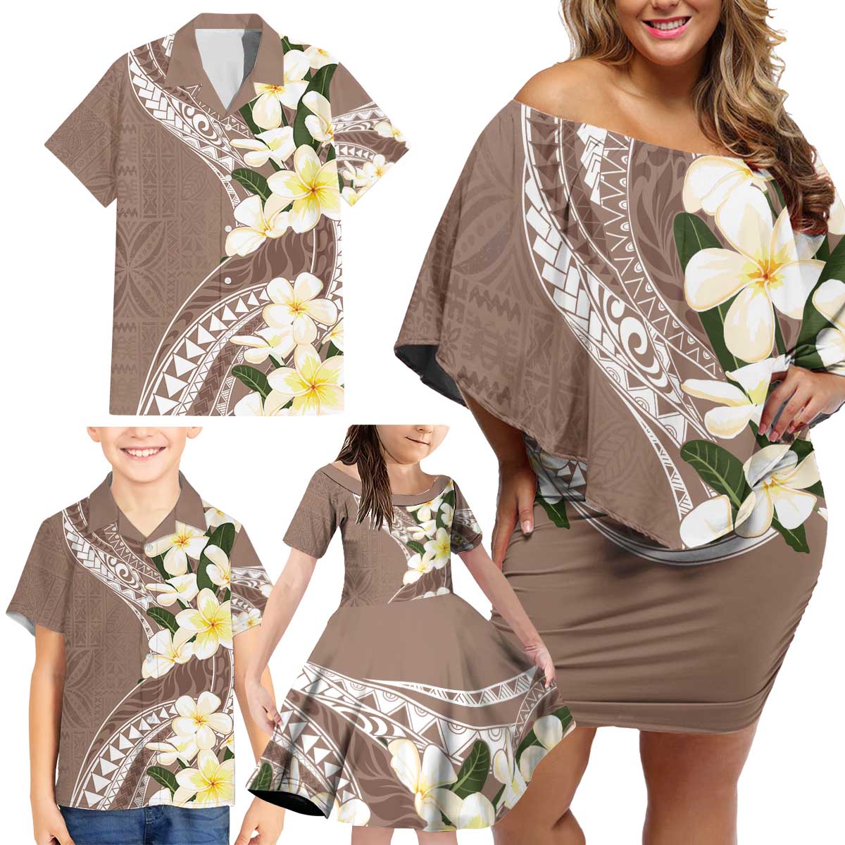 Aloha Hawaii Festive Family Matching Off Shoulder Short Dress and Hawaiian Shirt Frangipani Lace Classic - Beige