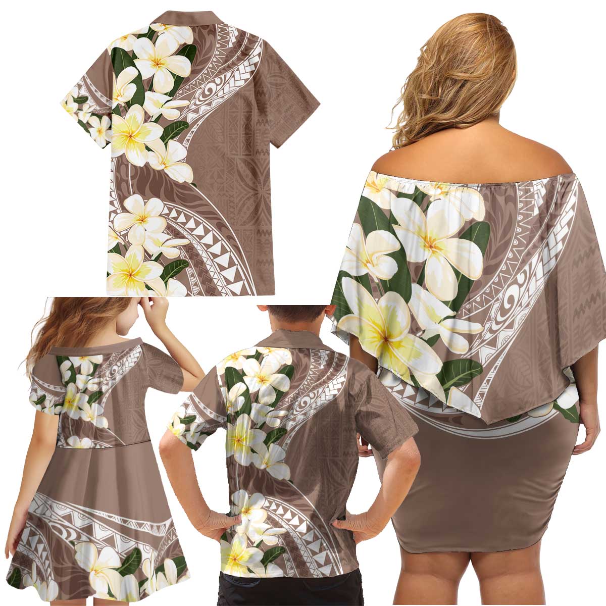 Aloha Hawaii Festive Family Matching Off Shoulder Short Dress and Hawaiian Shirt Frangipani Lace Classic - Beige