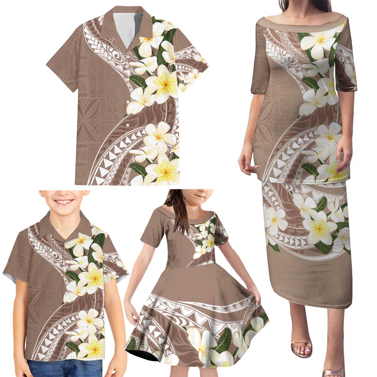 Aloha Hawaii Festive Family Matching Puletasi and Hawaiian Shirt Frangipani Lace Classic - Beige LT7 - Polynesian Pride