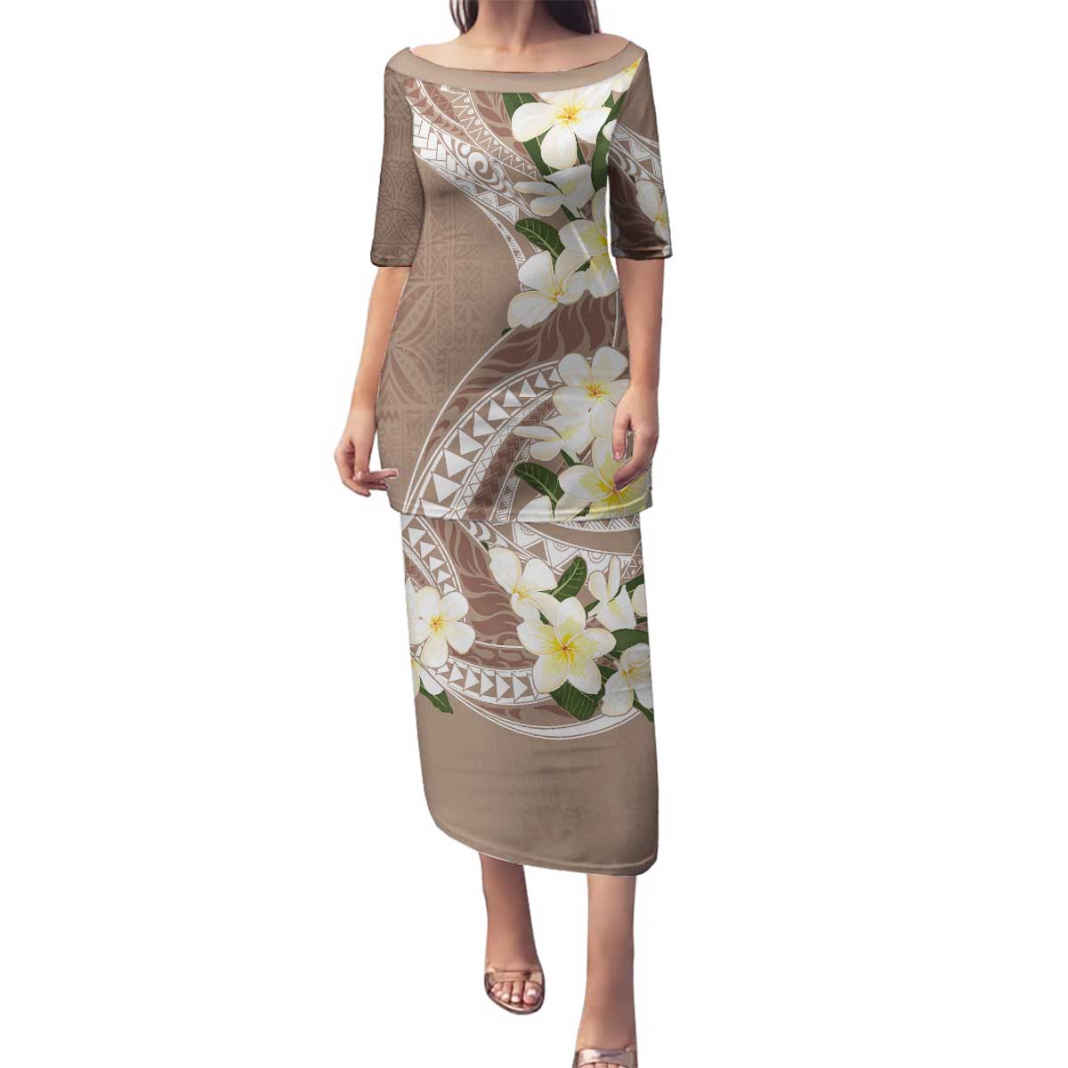 Aloha Hawaii Festive Family Matching Puletasi and Hawaiian Shirt Frangipani Lace Classic - Beige LT7 Mom's Dress Beige - Polynesian Pride