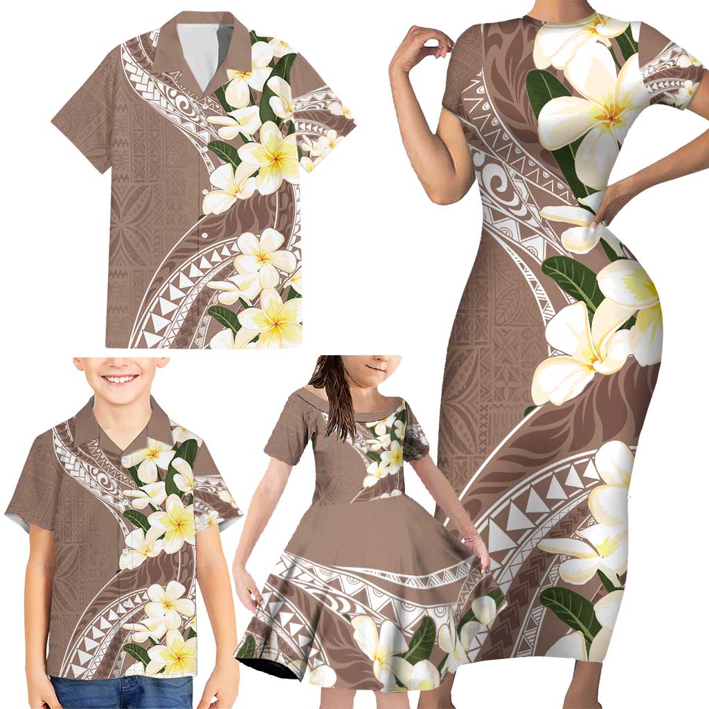Aloha Hawaii Festive Family Matching Short Sleeve Bodycon Dress and Hawaiian Shirt Frangipani Lace Classic - Beige LT7 - Polynesian Pride