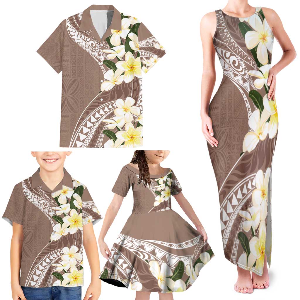 Aloha Hawaii Festive Family Matching Tank Maxi Dress and Hawaiian Shirt Frangipani Lace Classic - Beige
