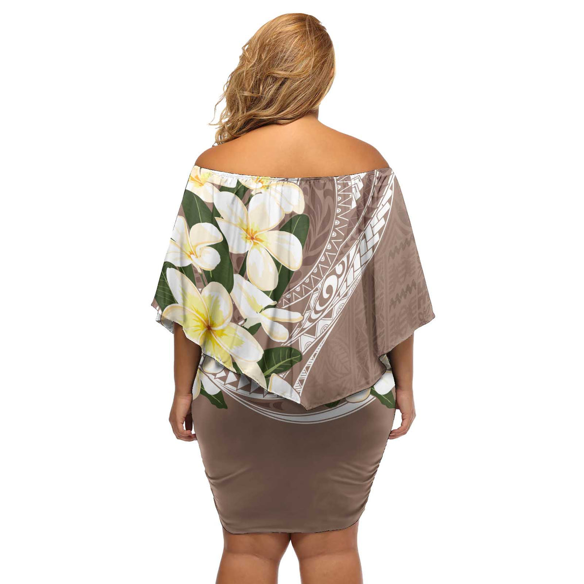 Aloha Hawaii Festive Off Shoulder Short Dress Frangipani Lace Classic - Beige