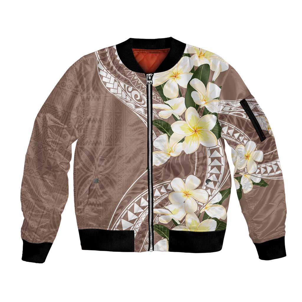 Aloha Hawaii Festive Sleeve Zip Bomber Jacket Frangipani Lace Classic - Beige