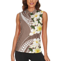 Aloha Hawaii Festive Women Sleeveless Polo Shirt Frangipani Lace Classic - Beige