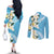 Aloha Hawaii Festive Couples Matching Off The Shoulder Long Sleeve Dress and Long Sleeve Button Shirt Frangipani Lace Classic - Turquoise