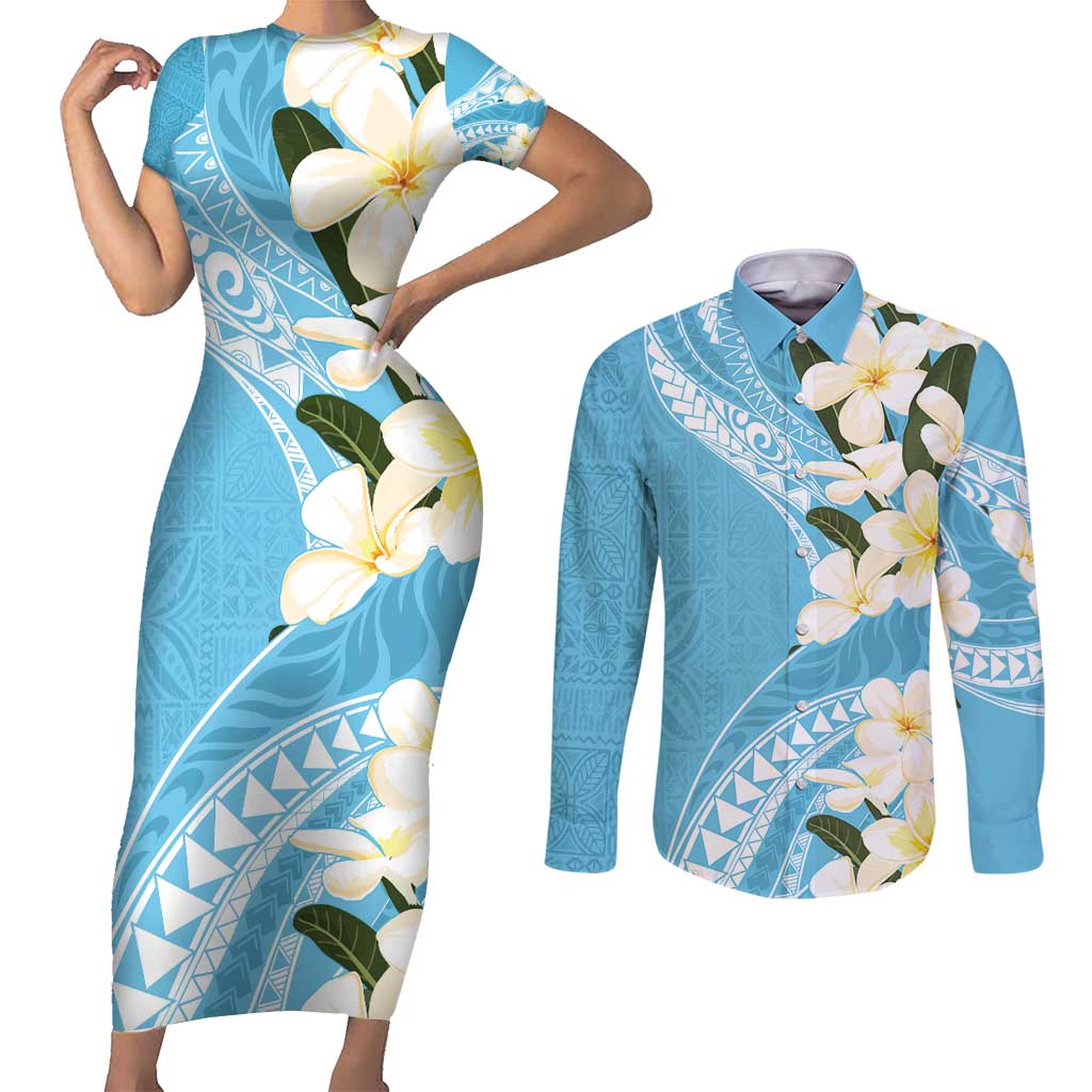 Aloha Hawaii Festive Couples Matching Short Sleeve Bodycon Dress and Long Sleeve Button Shirt Frangipani Lace Classic - Turquoise