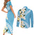 Aloha Hawaii Festive Couples Matching Short Sleeve Bodycon Dress and Long Sleeve Button Shirt Frangipani Lace Classic - Turquoise