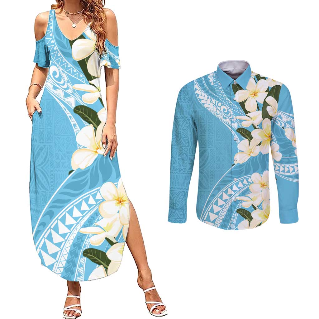 Aloha Hawaii Festive Couples Matching Summer Maxi Dress and Long Sleeve Button Shirt Frangipani Lace Classic - Turquoise LT7 Turquoise - Polynesian Pride