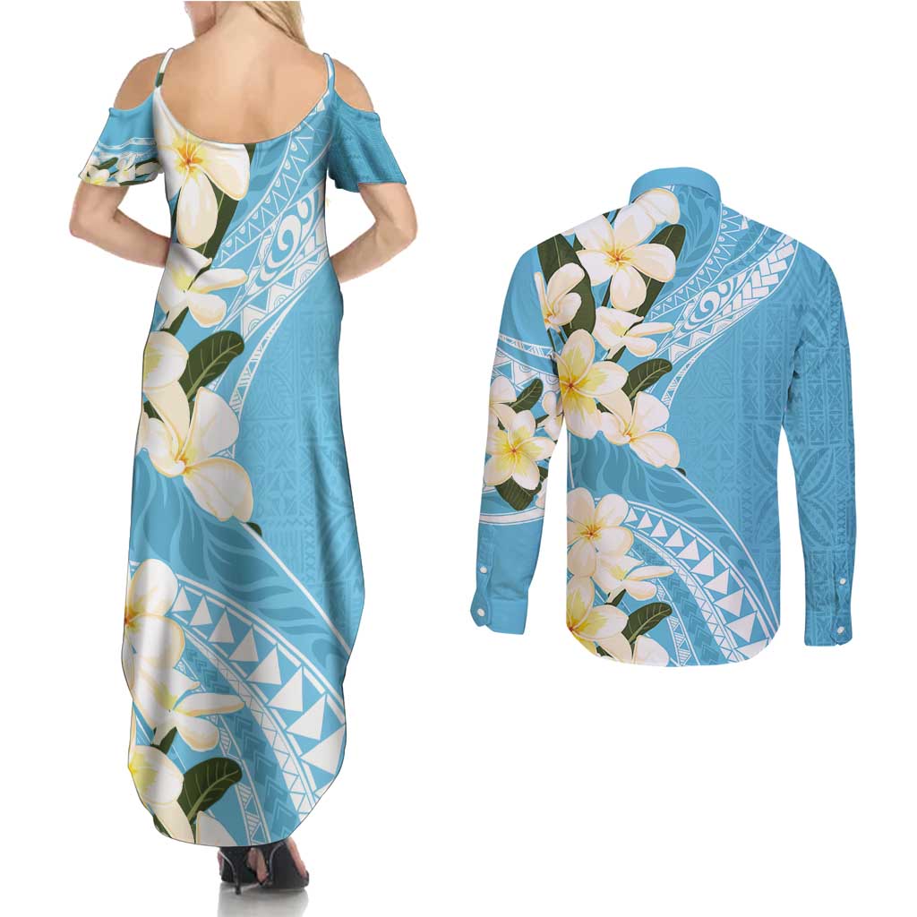Aloha Hawaii Festive Couples Matching Summer Maxi Dress and Long Sleeve Button Shirt Frangipani Lace Classic - Turquoise LT7 - Polynesian Pride
