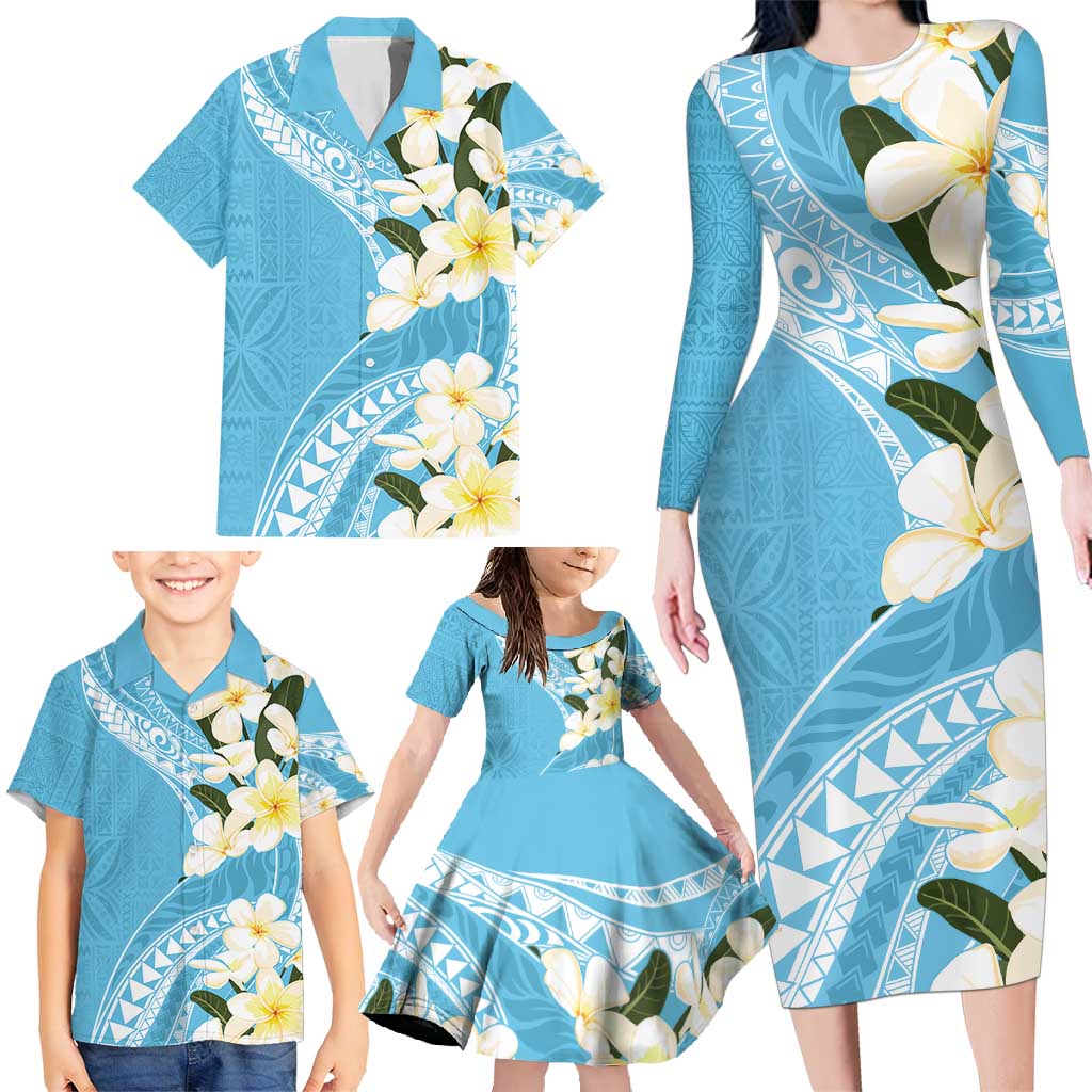 Aloha Hawaii Festive Family Matching Long Sleeve Bodycon Dress and Hawaiian Shirt Frangipani Lace Classic - Turquoise LT7 - Polynesian Pride