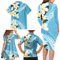 Aloha Hawaii Festive Family Matching Long Sleeve Bodycon Dress and Hawaiian Shirt Frangipani Lace Classic - Turquoise LT7 - Polynesian Pride