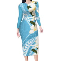 Aloha Hawaii Festive Family Matching Long Sleeve Bodycon Dress and Hawaiian Shirt Frangipani Lace Classic - Turquoise LT7 Mom's Dress Turquoise - Polynesian Pride