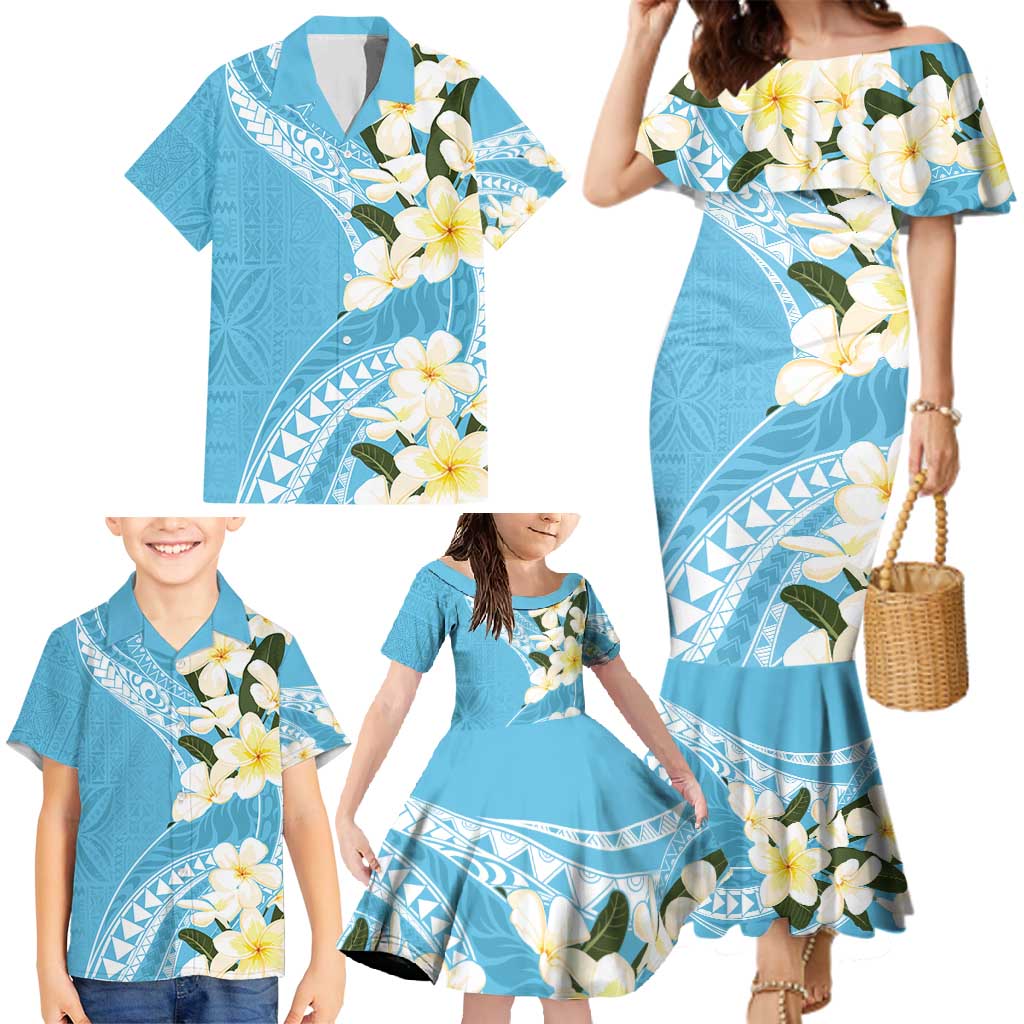 Aloha Hawaii Festive Family Matching Mermaid Dress and Hawaiian Shirt Frangipani Lace Classic - Turquoise LT7 - Polynesian Pride