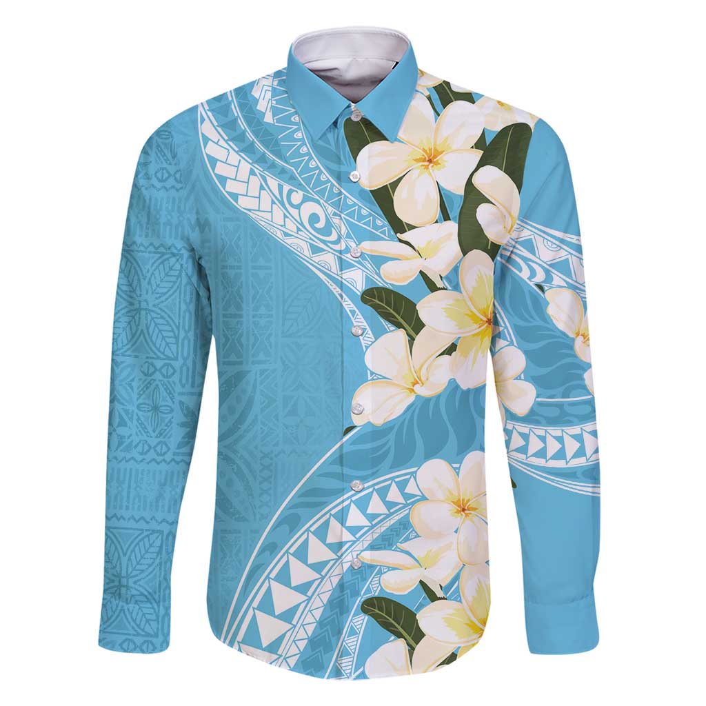 Aloha Hawaii Festive Family Matching Mermaid Dress and Hawaiian Shirt Frangipani Lace Classic - Turquoise LT7 Dad's Shirt - Long Sleeve Turquoise - Polynesian Pride