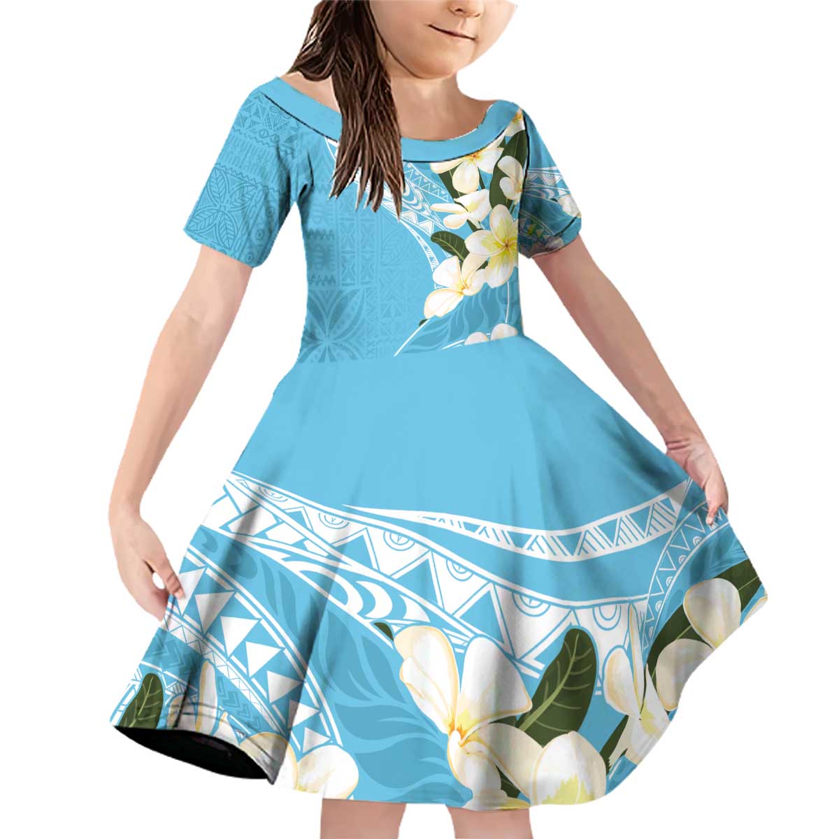 Aloha Hawaii Festive Family Matching Off Shoulder Short Dress and Hawaiian Shirt Frangipani Lace Classic - Turquoise