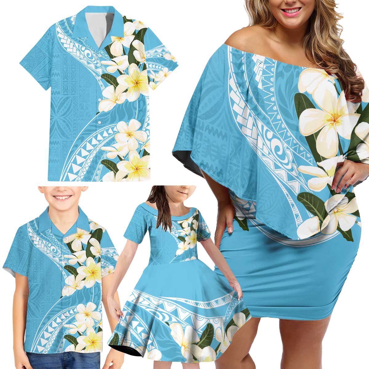 Aloha Hawaii Festive Family Matching Off Shoulder Short Dress and Hawaiian Shirt Frangipani Lace Classic - Turquoise