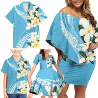 Aloha Hawaii Festive Family Matching Off Shoulder Short Dress and Hawaiian Shirt Frangipani Lace Classic - Turquoise