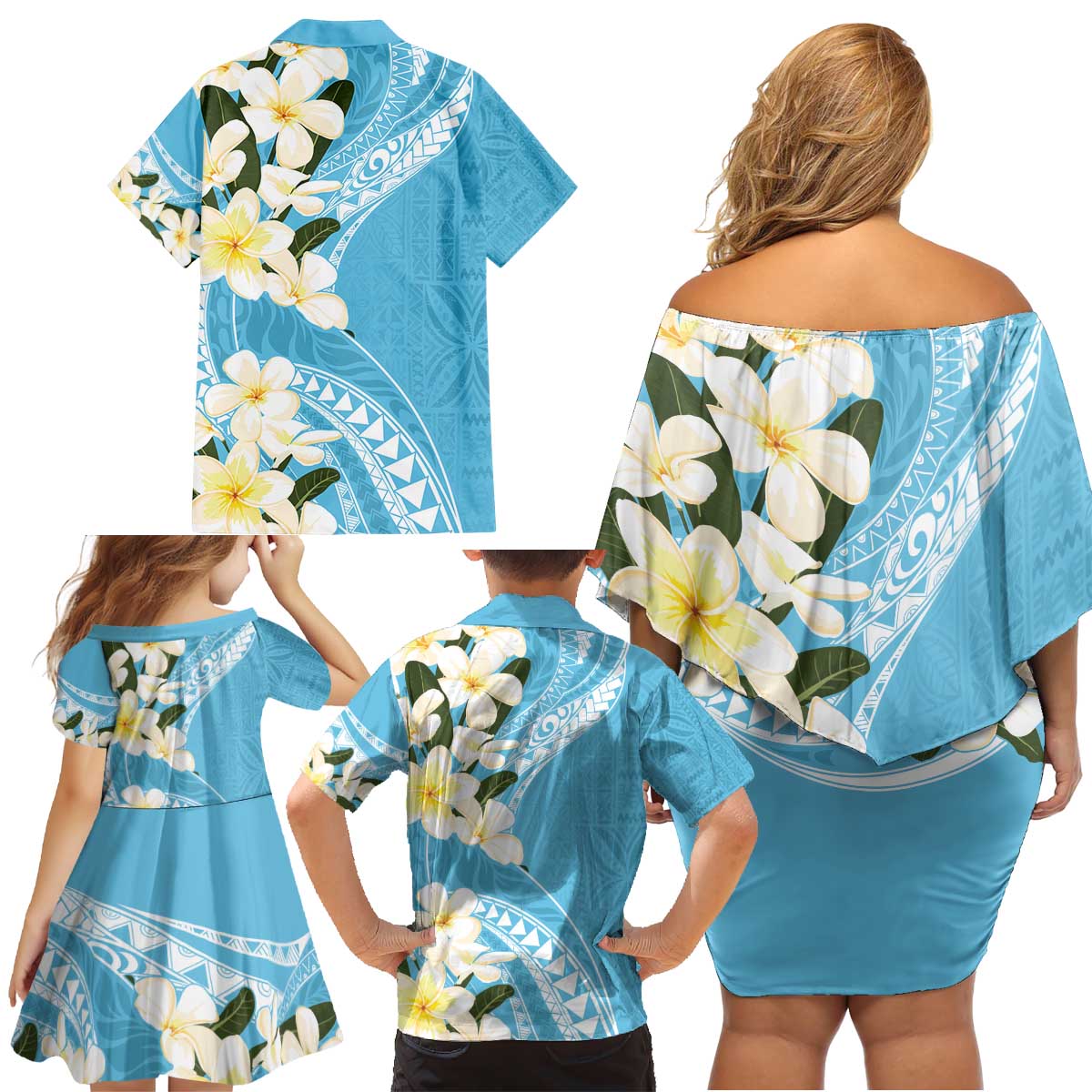 Aloha Hawaii Festive Family Matching Off Shoulder Short Dress and Hawaiian Shirt Frangipani Lace Classic - Turquoise