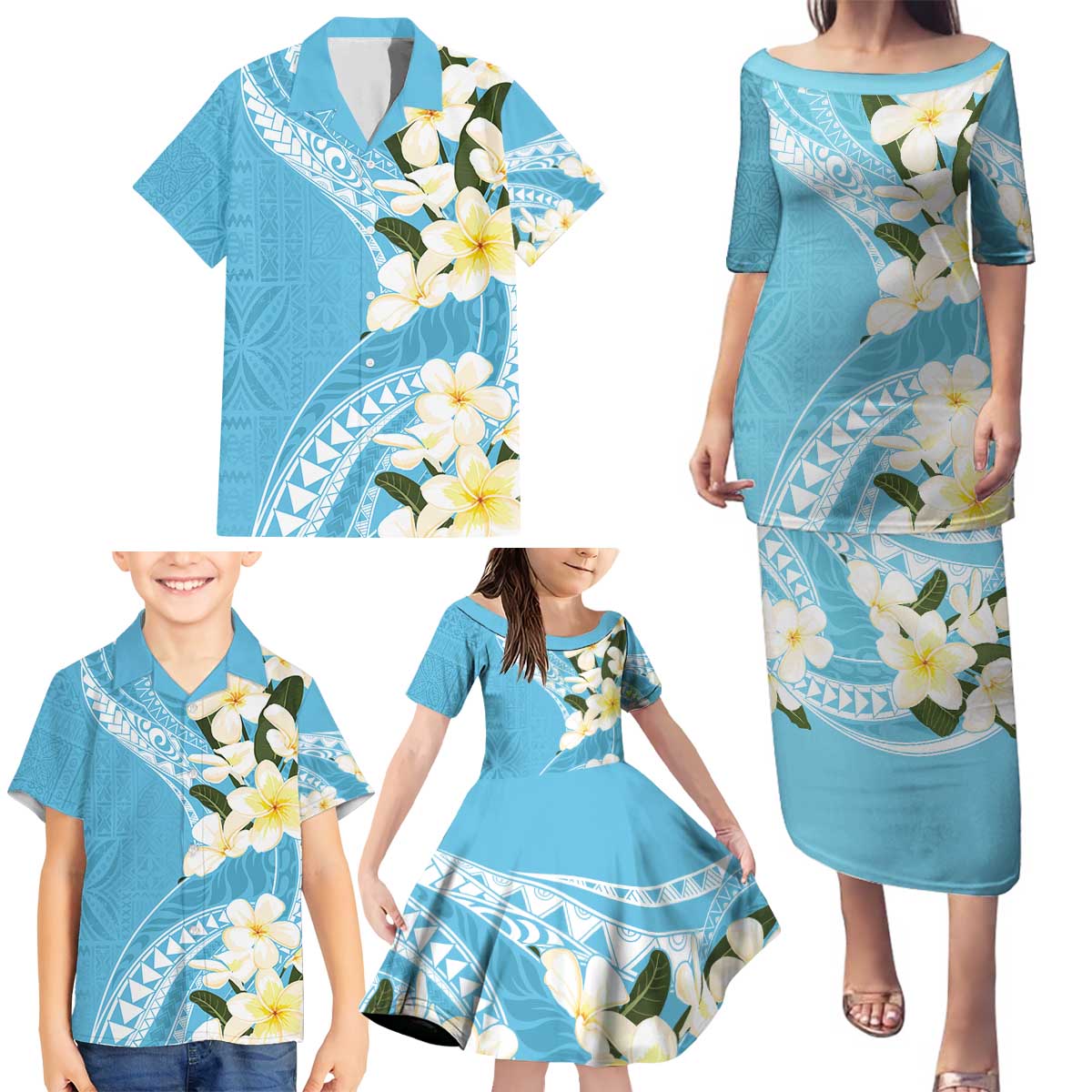 Aloha Hawaii Festive Family Matching Puletasi and Hawaiian Shirt Frangipani Lace Classic - Turquoise LT7 - Polynesian Pride