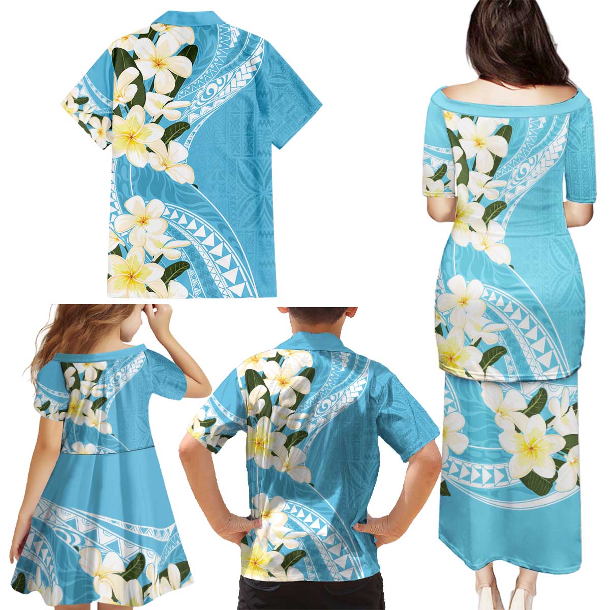 Aloha Hawaii Festive Family Matching Puletasi and Hawaiian Shirt Frangipani Lace Classic - Turquoise LT7 - Polynesian Pride