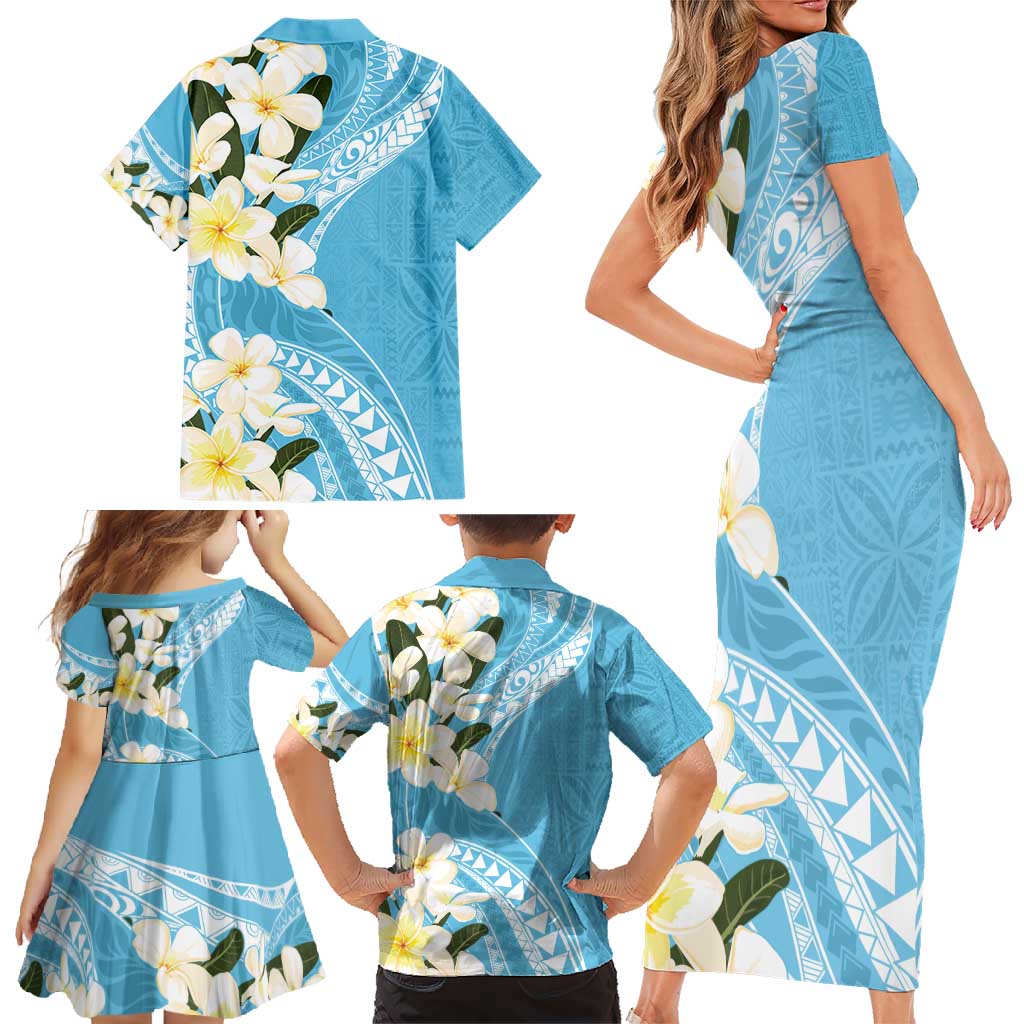 Aloha Hawaii Festive Family Matching Short Sleeve Bodycon Dress and Hawaiian Shirt Frangipani Lace Classic - Turquoise LT7 - Polynesian Pride