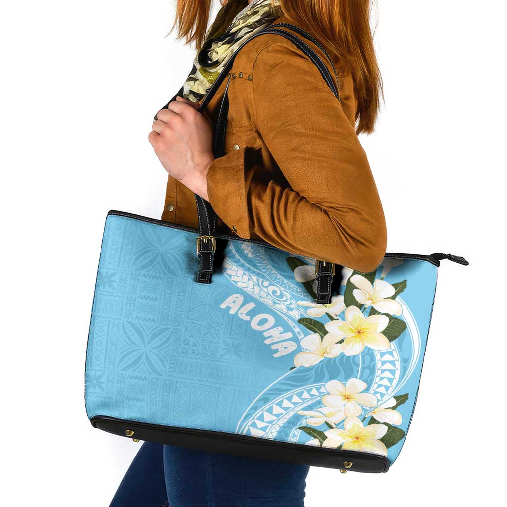 Aloha Hawaii Festive Leather Tote Bag Frangipani Lace Classic - Turquoise