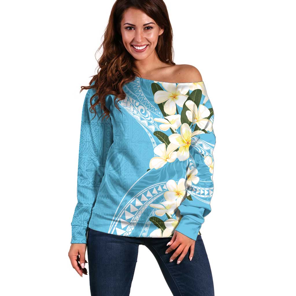 Aloha Hawaii Festive Off Shoulder Sweater Frangipani Lace Classic - Turquoise