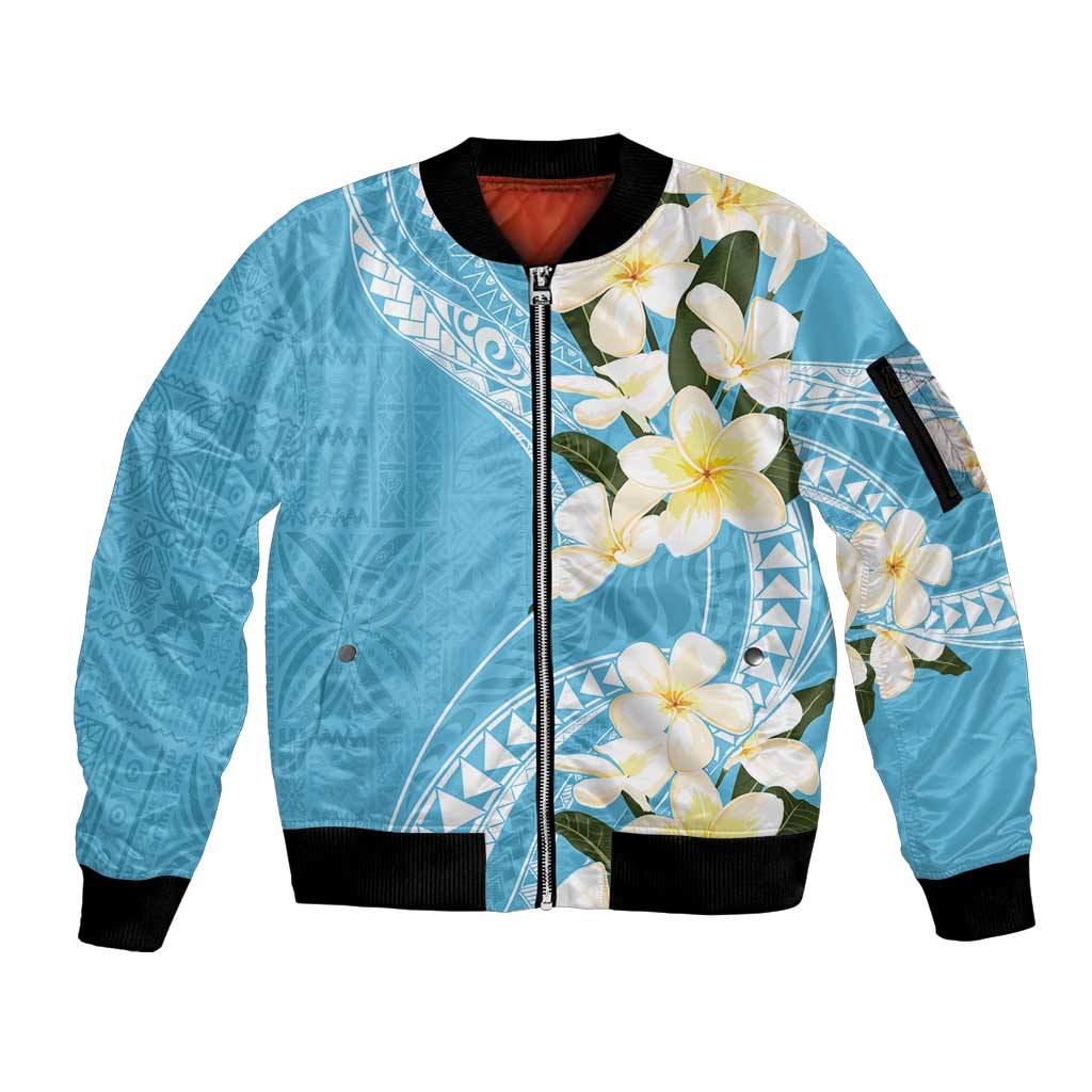 Aloha Hawaii Festive Sleeve Zip Bomber Jacket Frangipani Lace Classic - Turquoise