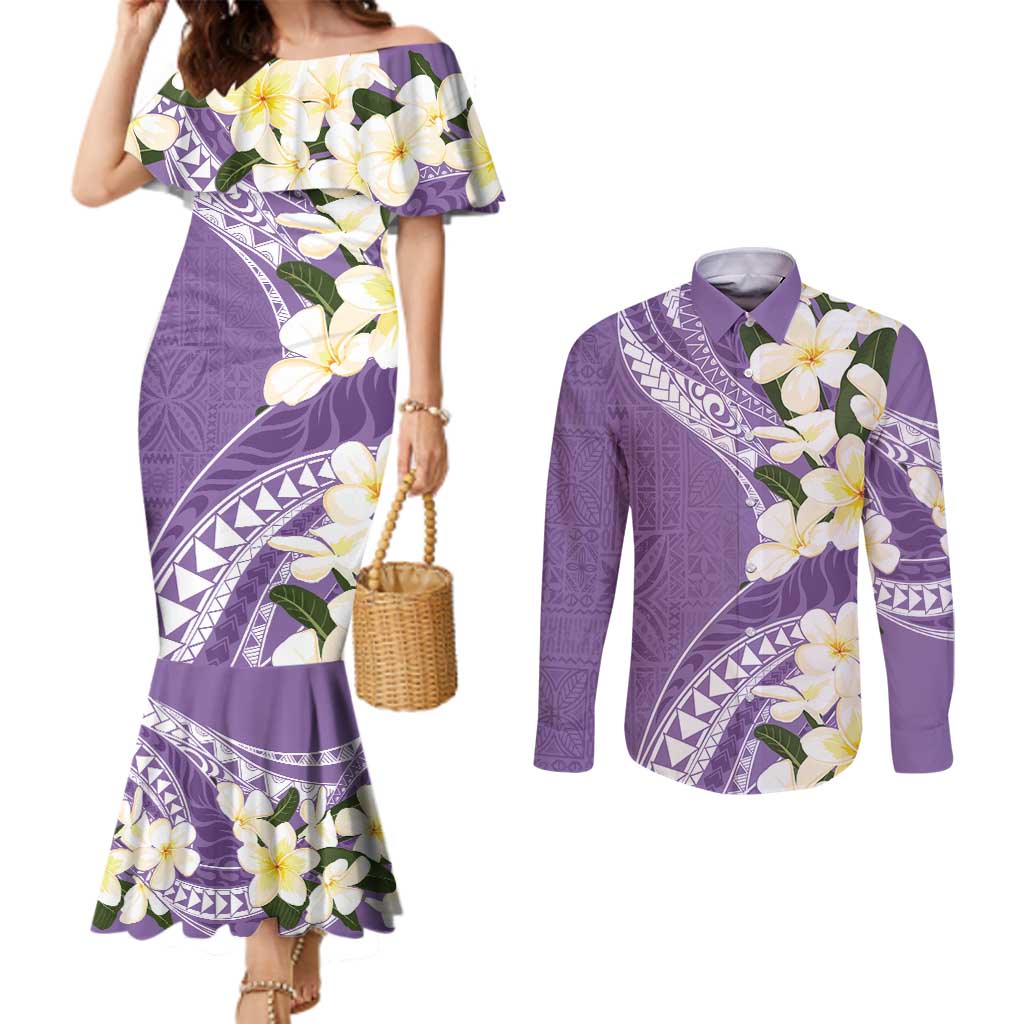 Aloha Hawaii Festive Couples Matching Mermaid Dress and Long Sleeve Button Shirt Frangipani Lace Classic - Lavender LT7 Lavender - Polynesian Pride