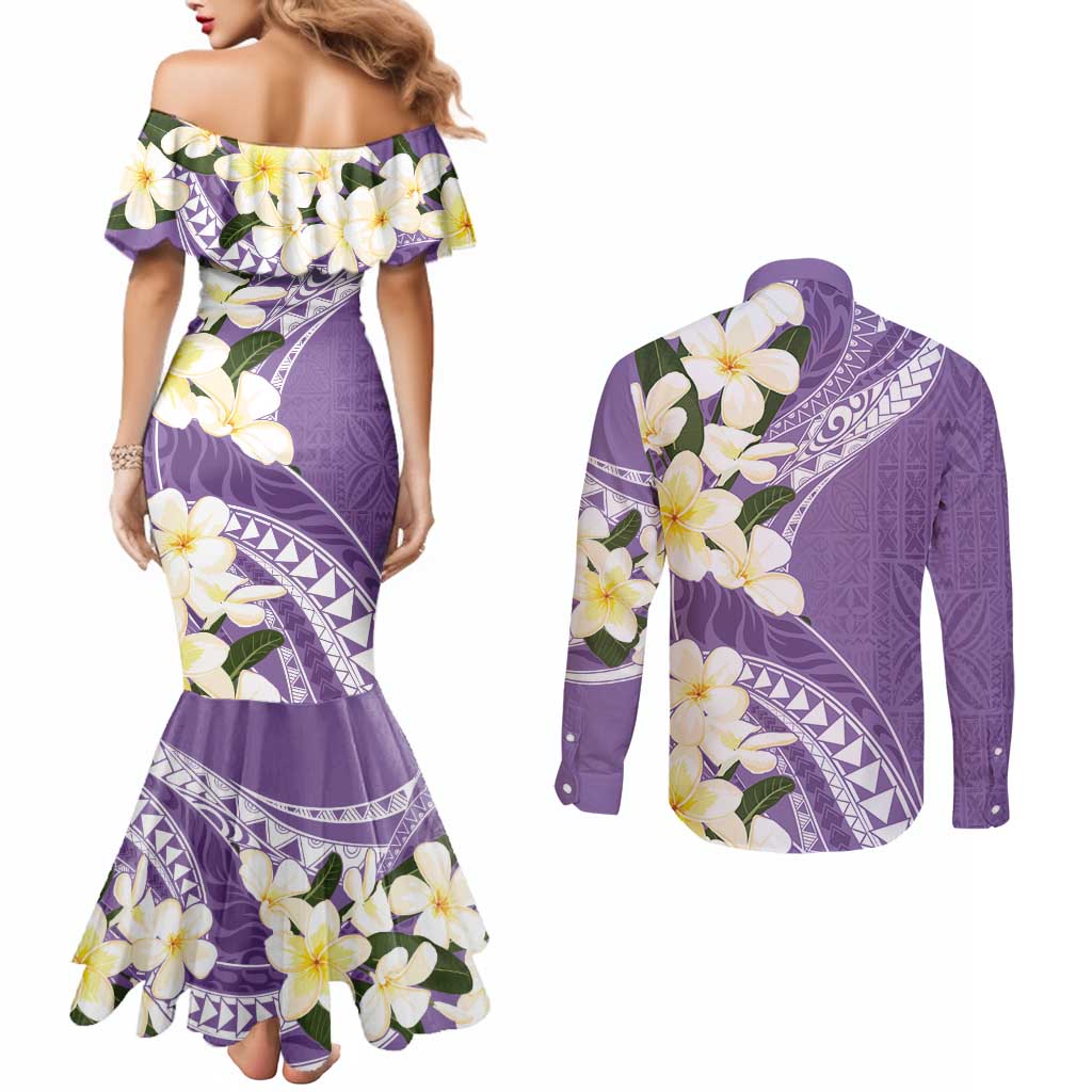 Aloha Hawaii Festive Couples Matching Mermaid Dress and Long Sleeve Button Shirt Frangipani Lace Classic - Lavender LT7 - Polynesian Pride