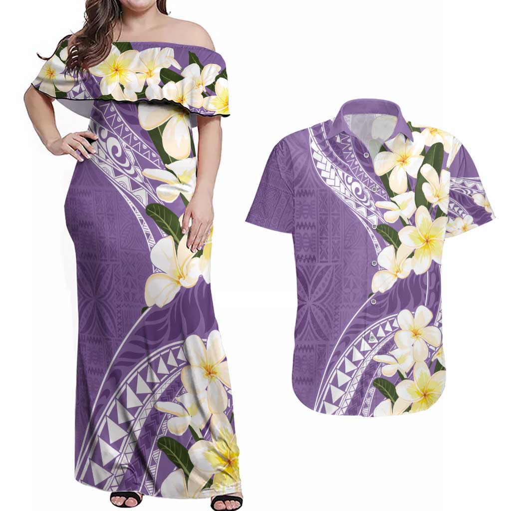 Aloha Hawaii Festive Couples Matching Off Shoulder Maxi Dress and Hawaiian Shirt Frangipani Lace Classic - Lavender