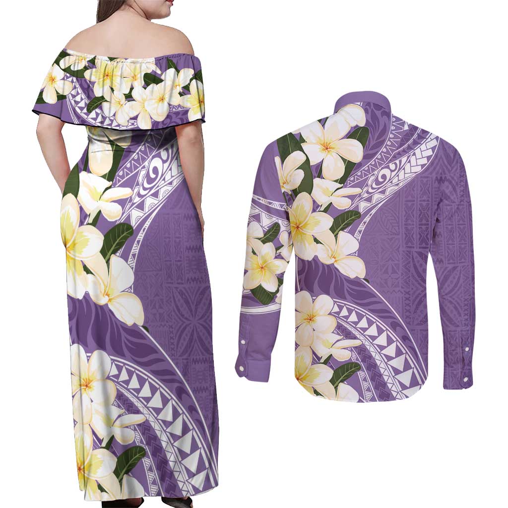 Aloha Hawaii Festive Couples Matching Off Shoulder Maxi Dress and Long Sleeve Button Shirt Frangipani Lace Classic - Lavender