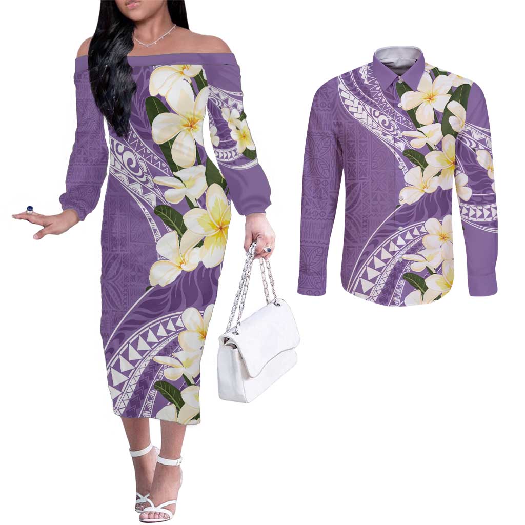 Aloha Hawaii Festive Couples Matching Off The Shoulder Long Sleeve Dress and Long Sleeve Button Shirt Frangipani Lace Classic - Lavender LT7 Lavender - Polynesian Pride