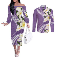 Aloha Hawaii Festive Couples Matching Off The Shoulder Long Sleeve Dress and Long Sleeve Button Shirt Frangipani Lace Classic - Lavender LT7 Lavender - Polynesian Pride